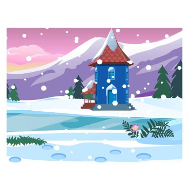Yalnız yazlık karlı dağları ile. Noel ve yılbaşı tebrik kartı, Festival poster ya da parti davetiyeler için kroki. Vektör çizim