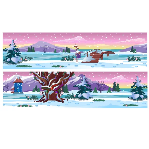 Conjunto de carteles con hermosos paisajes invernales y nevadas. ilustración de primer plano de dibujos animados vectoriales . — Vector de stock