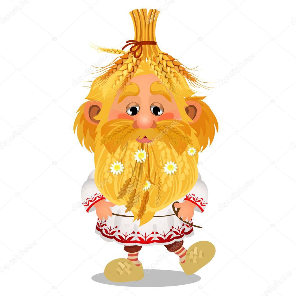 Animated brownie with a cap of ripe wheat ears, chamomile flowers in the beard isolated on white background. Vector cartoon close-up illustration.