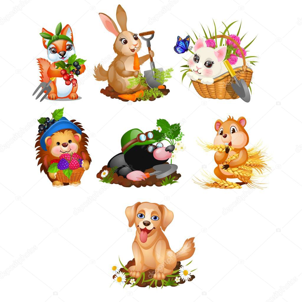 Set of cute animals and harvest ripe vegetables and fruits isolated on white background. Vector cartoon close-up illustration.