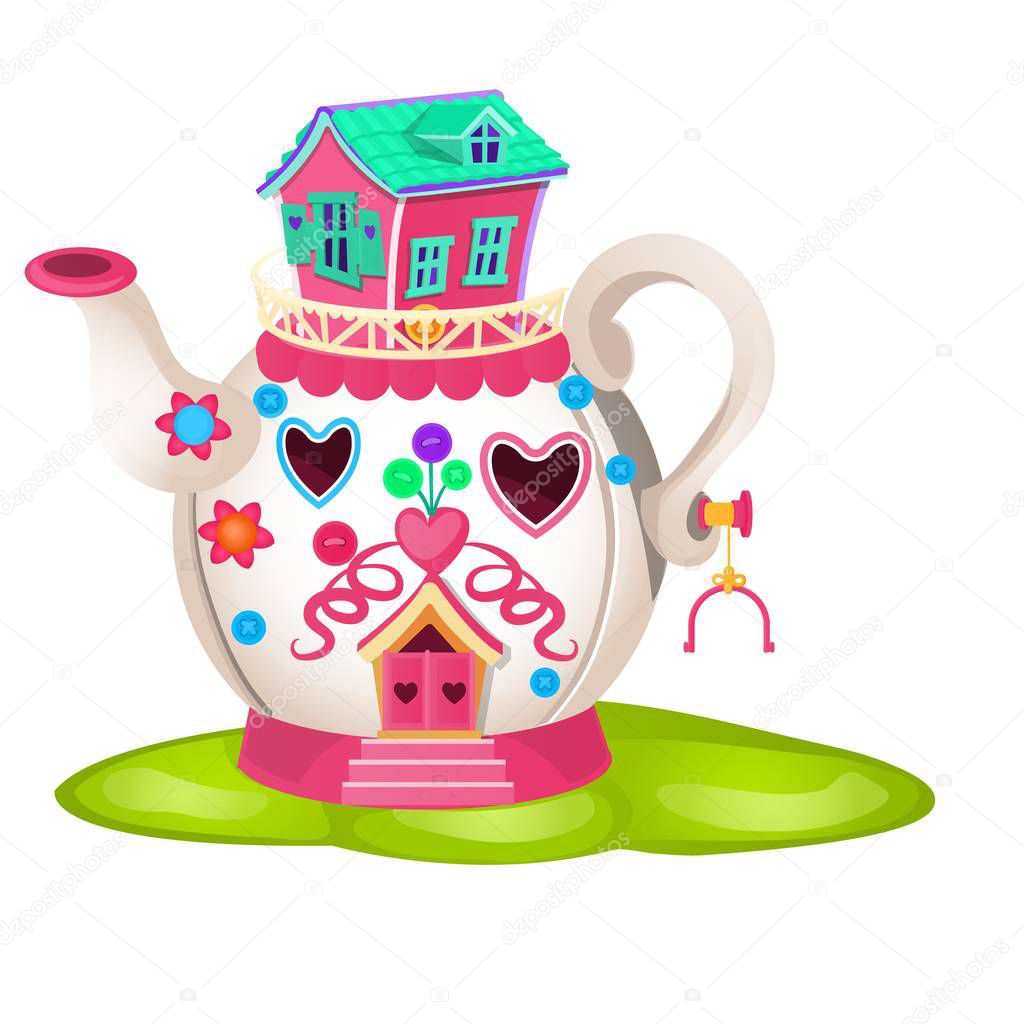 Fairy house in form of ceramic teapot isolated on white background. Vector close-up cartoon illustration.