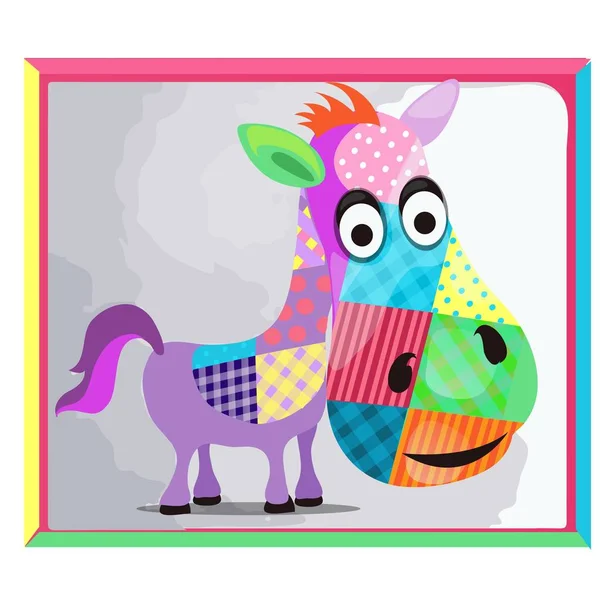 Foto per bambini con l'immagine di un asino fatto di patch colorate. Illustrazione ravvicinata del fumetto vettoriale . — Vettoriale Stock