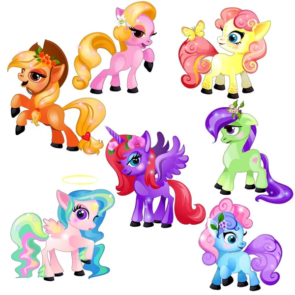 Ensemble de petits poneys colorés mignons et licorne isolé sur fond blanc. Illustration en gros plan de dessin animé vectoriel . — Image vectorielle