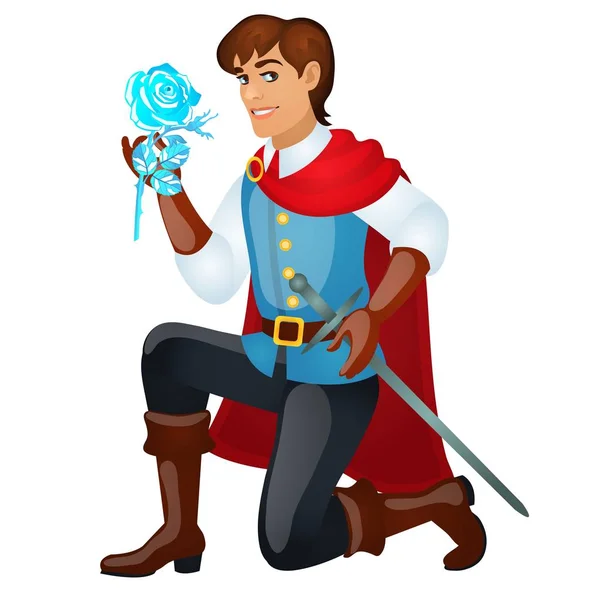 Молодой красивый принц с мечом в руках ледяной розы изолированы на белом фоне. Векторная иллюстрация крупным планом . — стоковый вектор