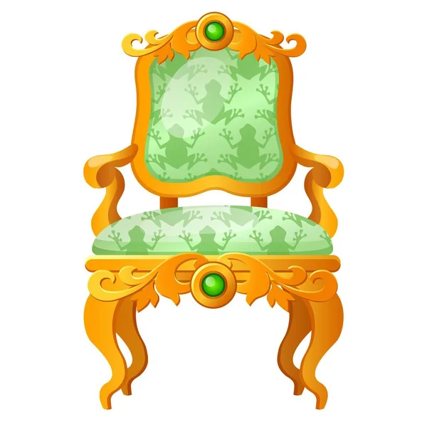 Goldener märchenhafter Königsthron mit einem Print in Form eines grünen Frosches auf weißem Hintergrund. Vektor-Karikatur in Nahaufnahme. — Stockvektor