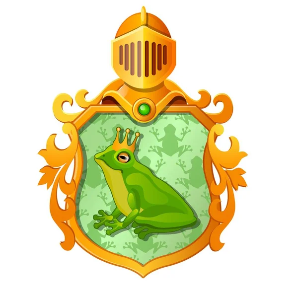 Golden ornate coat of arms or emblem with the image of a green frog in the royal crown isolated on white background. Vector cartoon close-up illustration. — Stock Vector