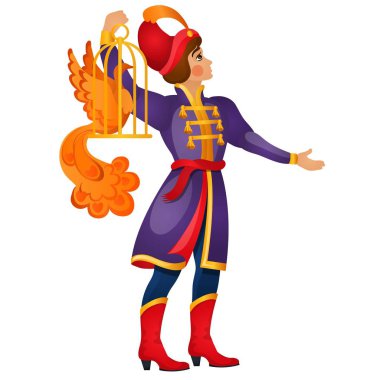 Bir genç peri masalı adam beyaz arka plan üzerinde izole bir kafeste bir ateşten kuş taşır. Vektör karikatür yakın çekim Şekil.