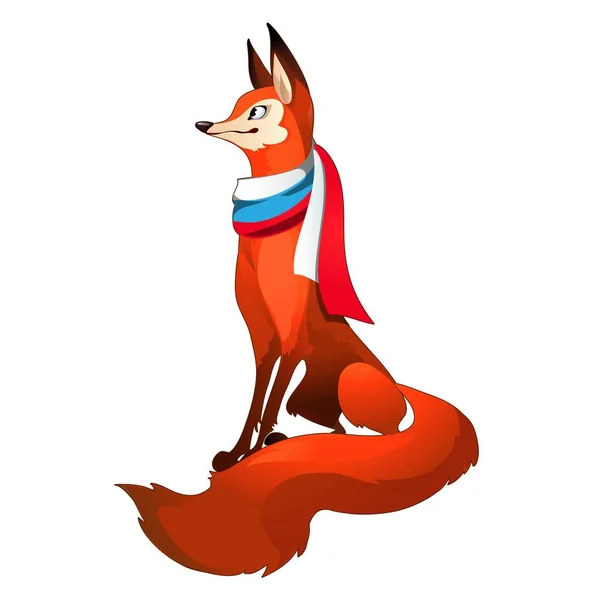 Red fox lasu z puszysty ogon z szalik w stylu flaga Rosyjska trójkolorowy izolowana na białym tle. Wirydarz-do góry ilustracja kreskówka wektor. — Wektor stockowy
