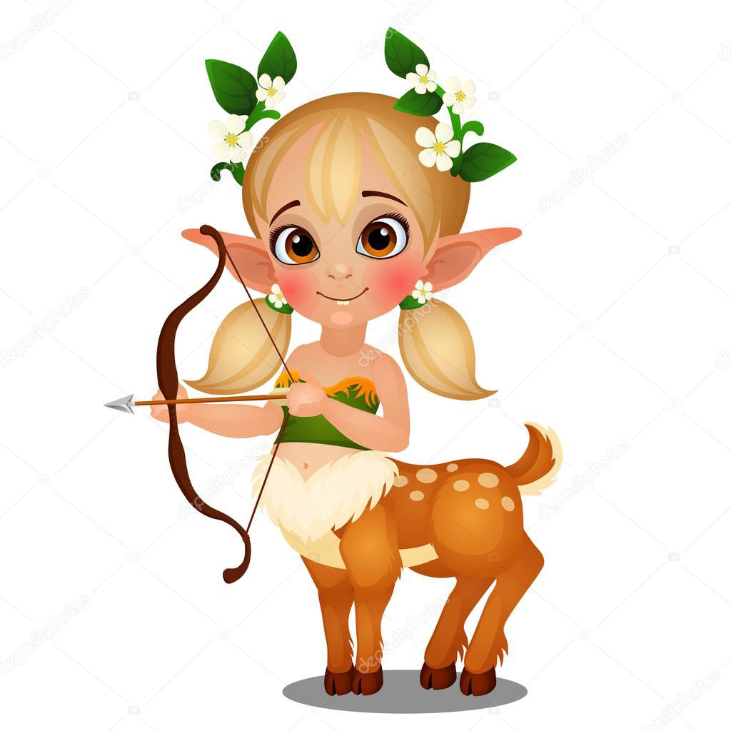 Cute animated elf girl centaur with spotted deer body isolated on white background. Vector cartoon close-up illustration.