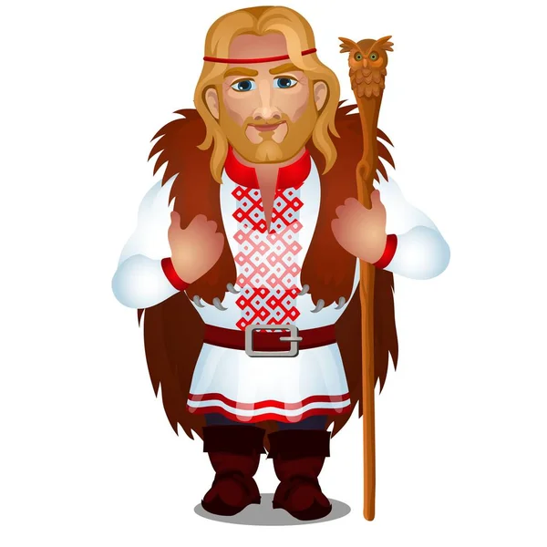 Slavic man in embroidered shirt or vyshyvanka with bear skin and a magic staff isolated on white background. Vector cartoon close-up illustration. — Stock Vector