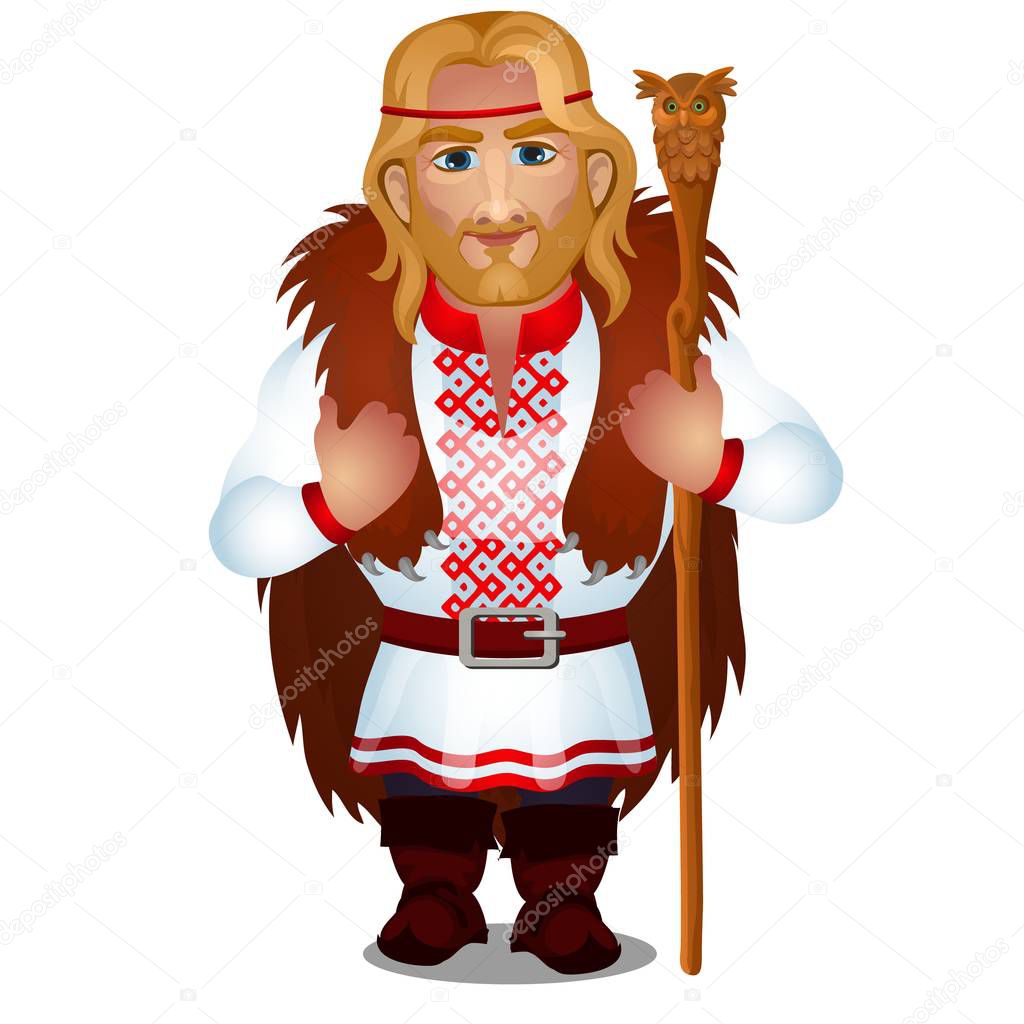 Slavic man in embroidered shirt or vyshyvanka with bear skin and a magic staff isolated on white background. Vector cartoon close-up illustration.