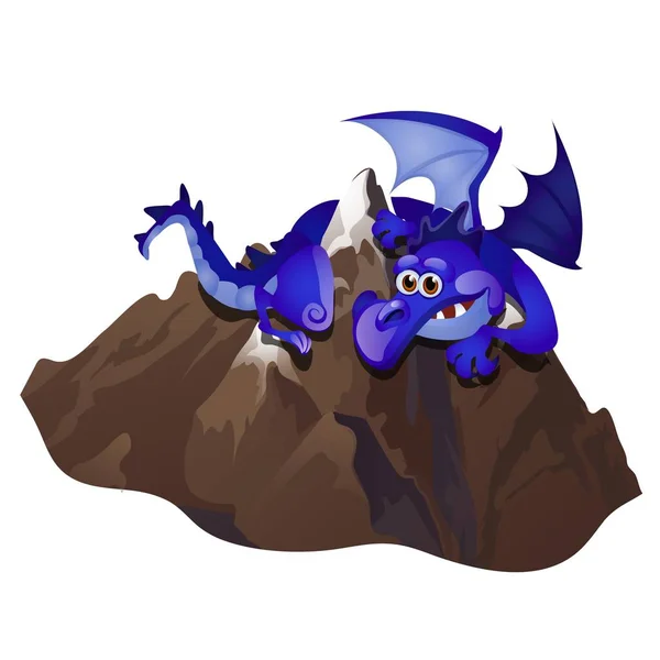 Grand dragon bleu fabuleux embrassant la montagne de pierre isolé sur fond blanc. Illustration en gros plan de dessin animé vectoriel . — Image vectorielle