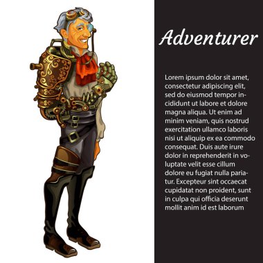 Resmi beyaz arka plan ve örnek metin izole maceraperest olan bir kart. Gülümseyen adam buhar punk tarzı takım elbiseli. Vektör karikatür yakın çekim şekil.