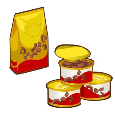 Beyaz arka plan üzerinde izole evde beslenen hayvan için Kuru gıda plastik torba. Konserve kedi maması. Pet shop ürünleri. Vektör karikatür yakın çekim şekil.