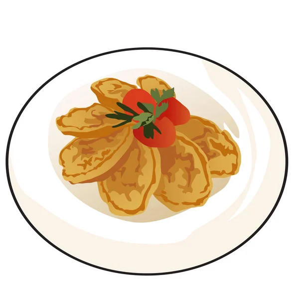 Deliziose frittelle fritte o pasticcini con pomodori maturi e foglie di prezzemolo su piatto di porcellana bianca isolato su sfondo bianco. Illustrazione ravvicinata del fumetto vettoriale . — Vettoriale Stock