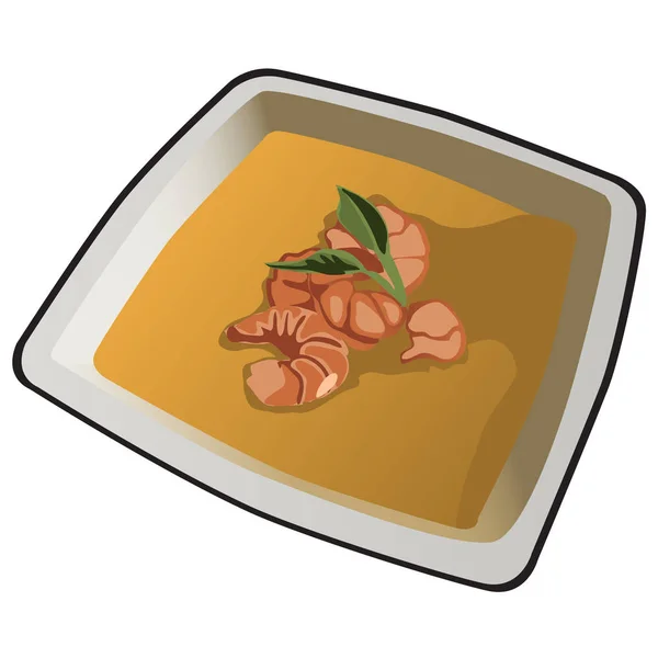 Delicious soup with shrimp on white porcelain plate isolated on white background. Vector cartoon close-up illustration. — Stock Vector