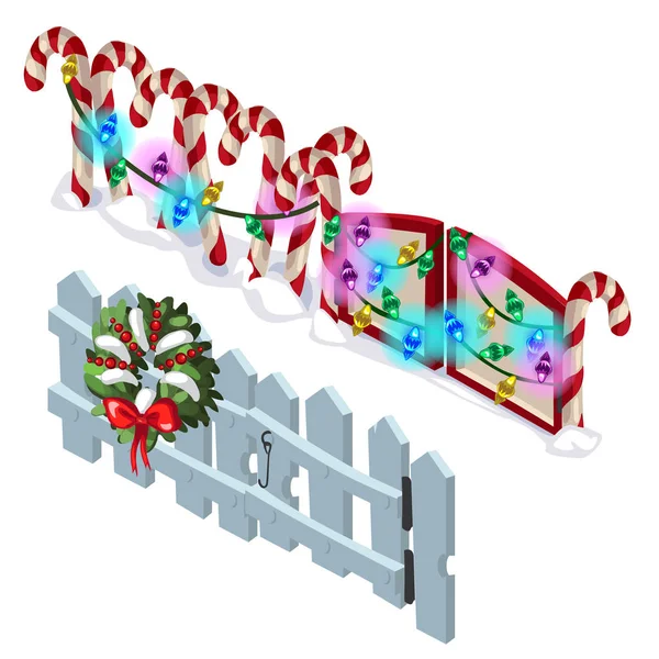 Element av trä staket och godis sockerrör med julpynt isolerad på vit bakgrund. Vektor tecknad närbild illustration. — Stock vektor
