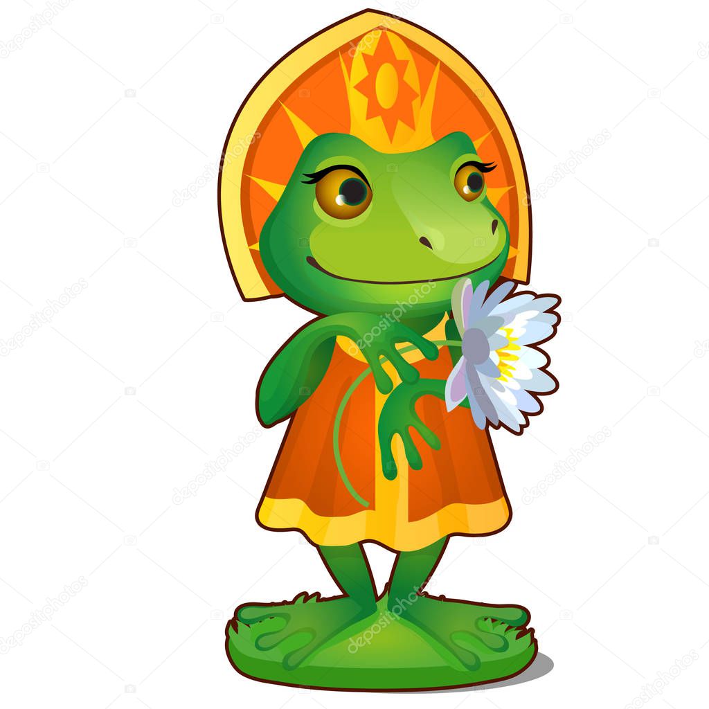 Animated Princess frog in clothes isolated on white background. The character of Russian folk tales. Vector cartoon close-up illustration.