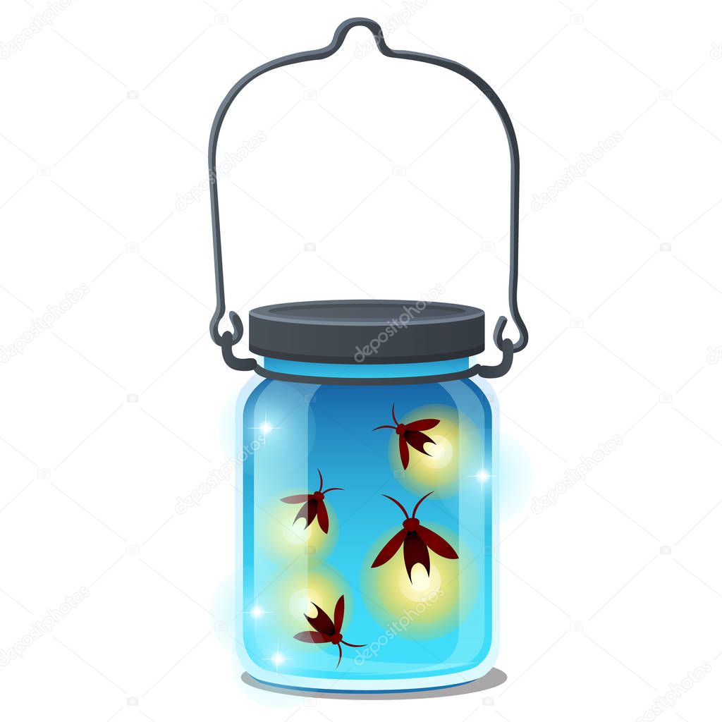 Glass transparent jar with glowing insects isolated on white background. Vector cartoon close-up illustration.