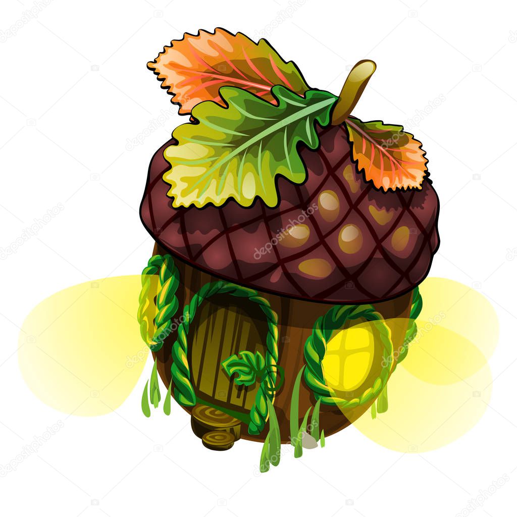 Fairy house in form of acorn with glowing windows isolated on white background. Vector close-up cartoon illustration.
