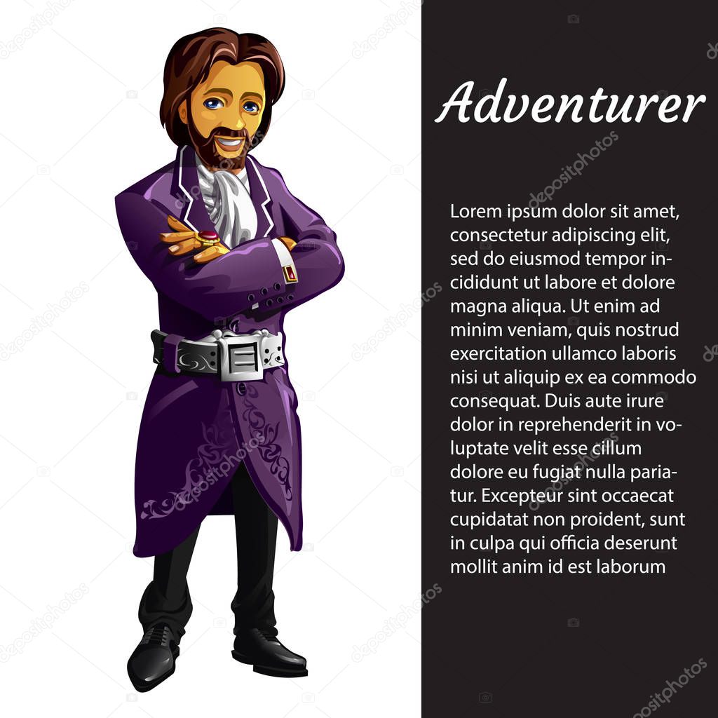 A card with a picture of adventurer isolated on white background and sample text. Vector cartoon close-up illustration.