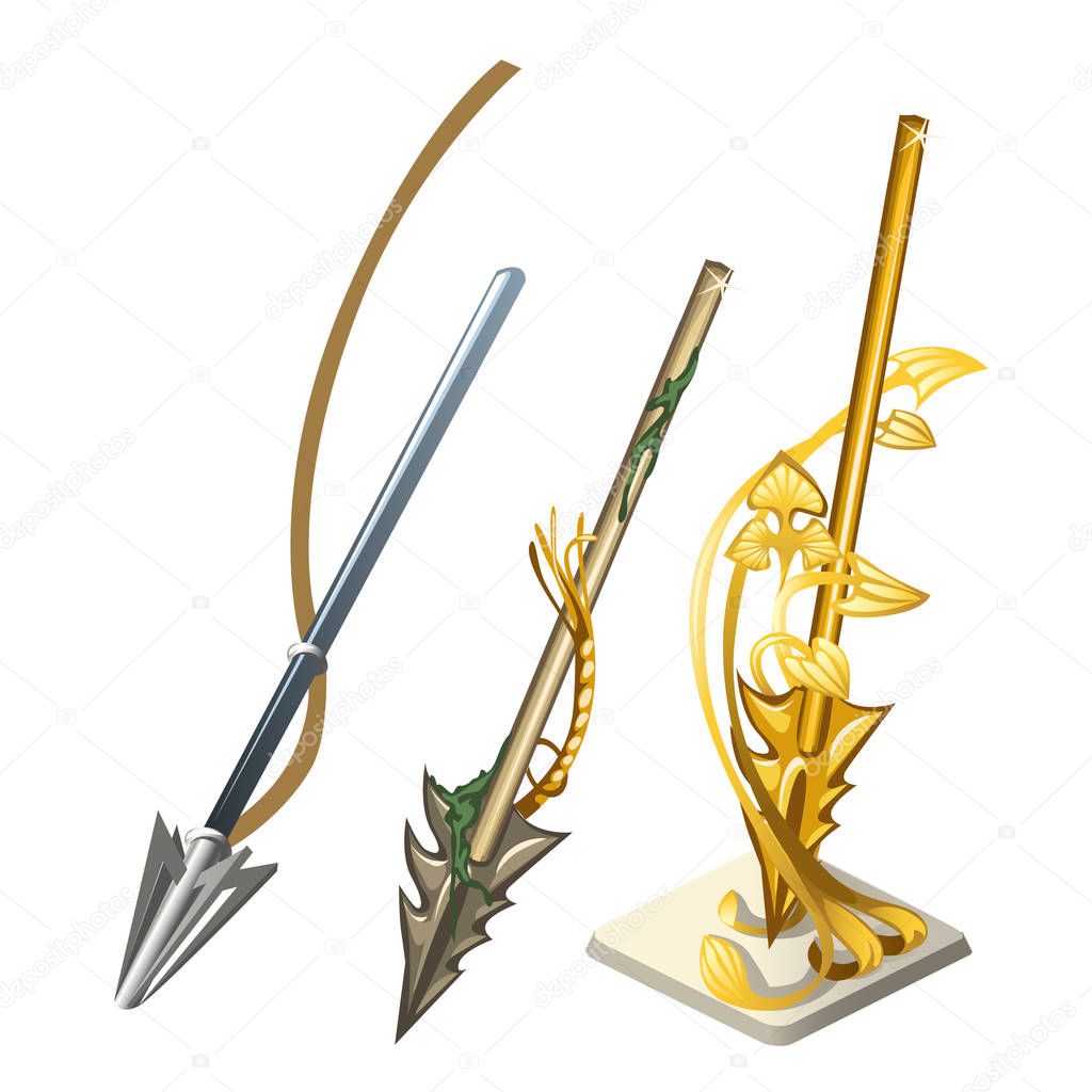 Set of arrows harpoon isolated on white background. The souvenir is made of gold. Vector cartoon close-up illustration.