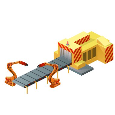 Beyaz arka plan üzerinde izole robot Konveyör bant. Vektör karikatür yakın çekim şekil.