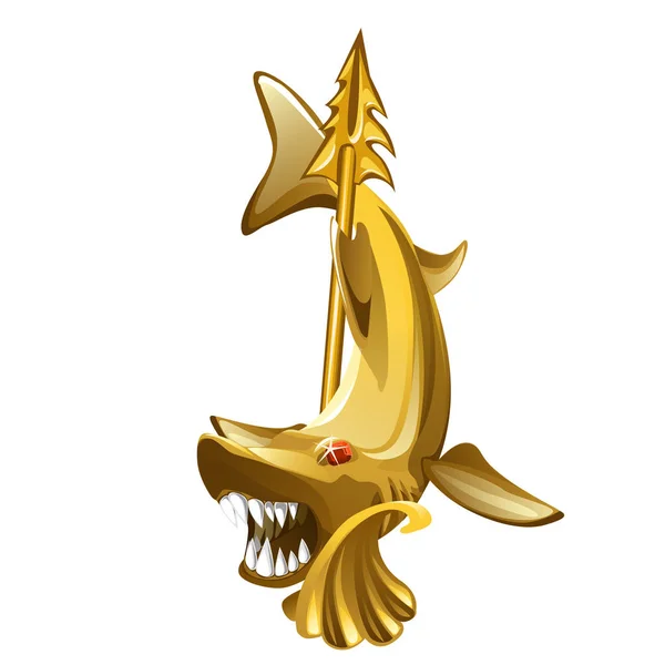 Vintage golden brooch in the form of toothy shark isolated on white background. Vector cartoon close-up illustration. — Stock Vector