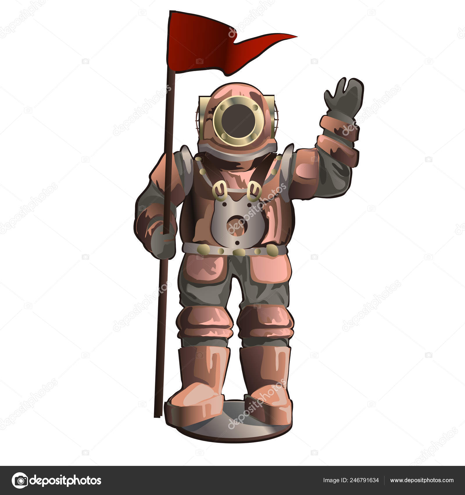 Traje de buceo submarino antiguo aislado sobre fondo blanco