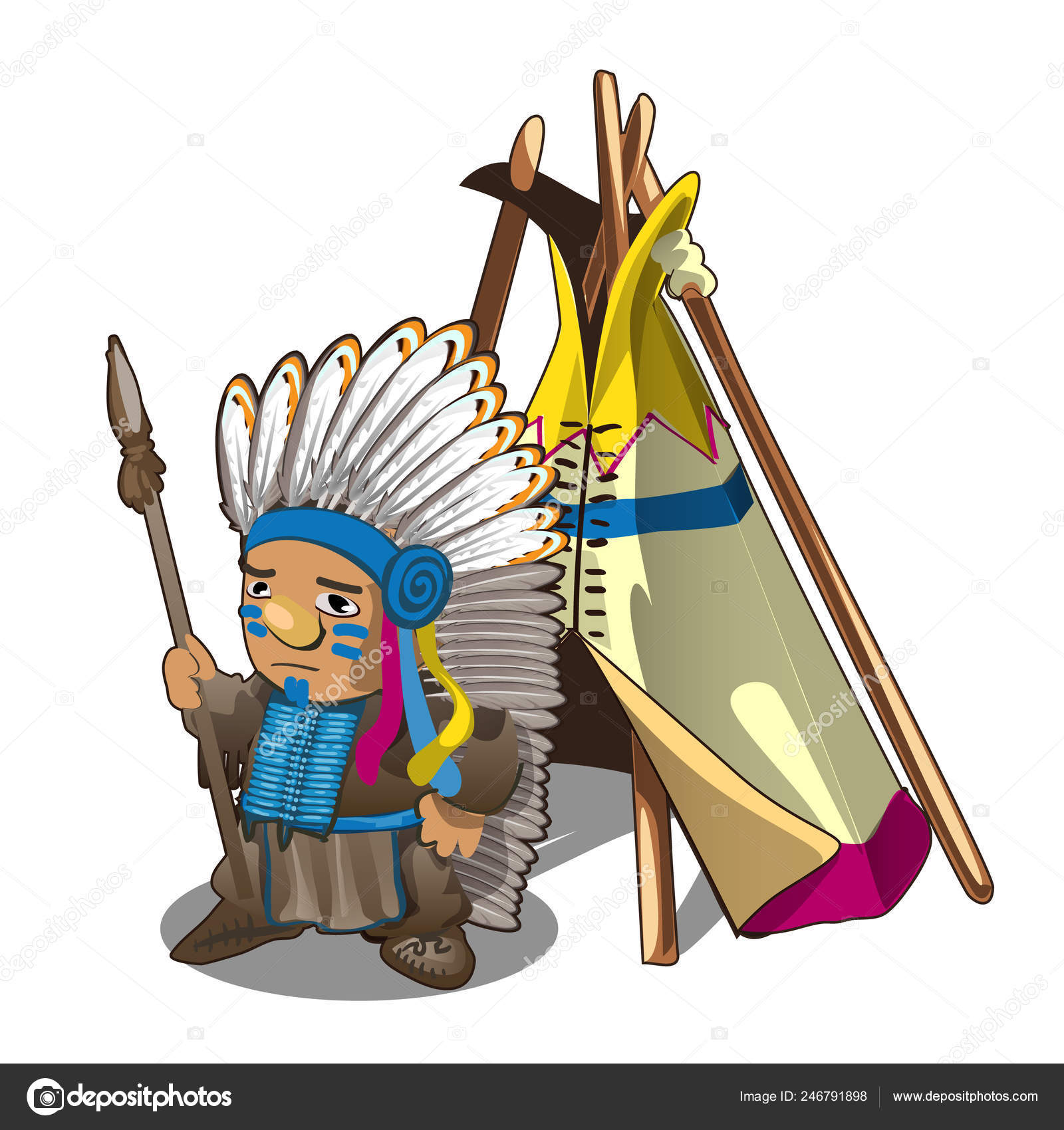 Indian tent or wigwam teepee and Indian man with spear isolated on