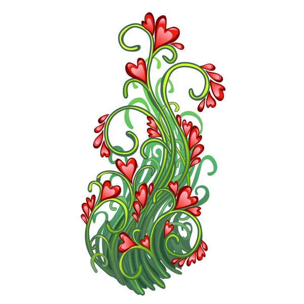 Fantazyjne kwiaty w kształcie serca na białym tle roślina zielna. Czerwone serce symbol Walentynki wakacje miłośnicy. Wirydarz-do góry ilustracja kreskówka wektor. — Wektor stockowy