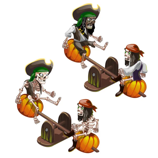 Gli scheletri dei pirati morti che oscillano su un'altalena isolata su sfondo bianco. Illustrazione ravvicinata del fumetto vettoriale . — Vettoriale Stock