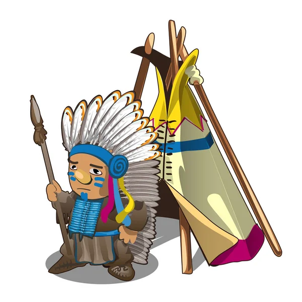 印度帐篷或 wigwam teepee 和印第安人与长矛查出在白色背景。向量动画片特写例证. — 图库矢量图片