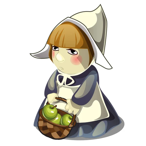 Flicka med en korg fylld med gröna äpplen isolerad på vit bakgrund. Vektor tecknad närbild illustration. — Stock vektor