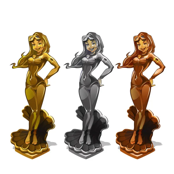 Set di statuette in bronzo dorato, argento per premiare la più bella ragazza subacquea isolata su sfondo bianco. Concorso di bellezza atleti femminili. Illustrazione ravvicinata del fumetto vettoriale . — Vettoriale Stock