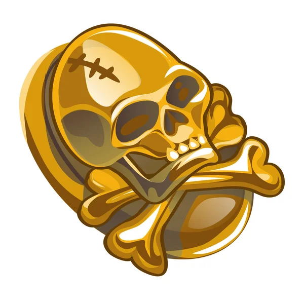 Золотой пиратский символ в виде человеческого черепа и крестообразных костей, выделенных на белом фоне. Векторная иллюстрация крупным планом . — стоковый вектор