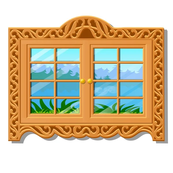 La ventana de madera con vistas al bosque en verano aislada sobre fondo blanco. ilustración de primer plano de dibujos animados vectoriales . — Vector de stock