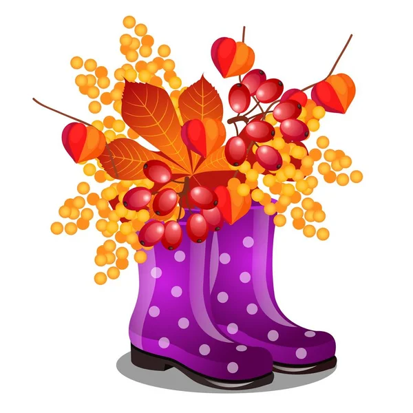 Склад гумових фіолетових черевиків і сухих осінніх листя ізольовані на білому тлі. Векторний мультфільм крупним планом ілюстрація . — стоковий вектор