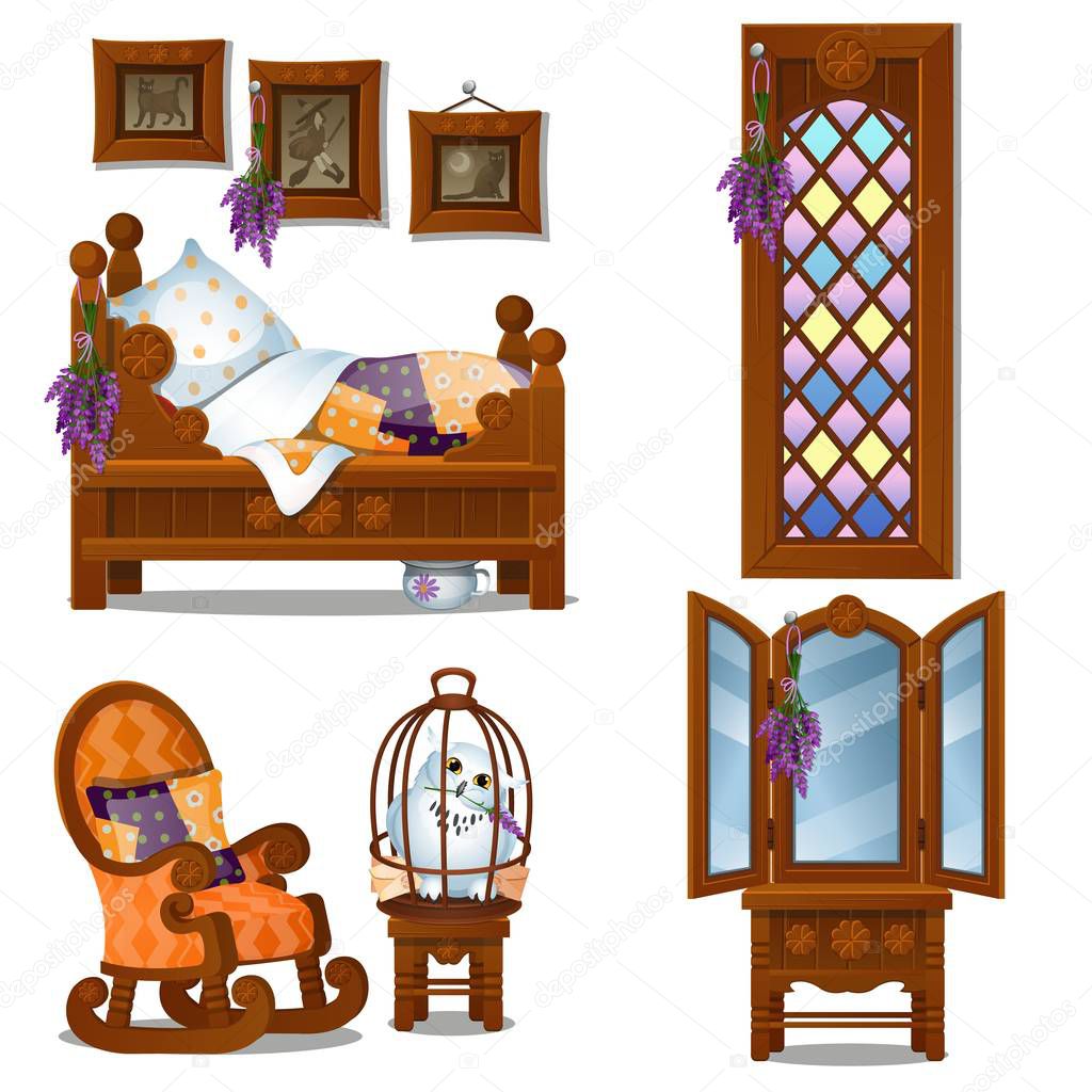 Set of wooden furniture in the style of Halloween isolated on white background. Vector cartoon close-up illustration.