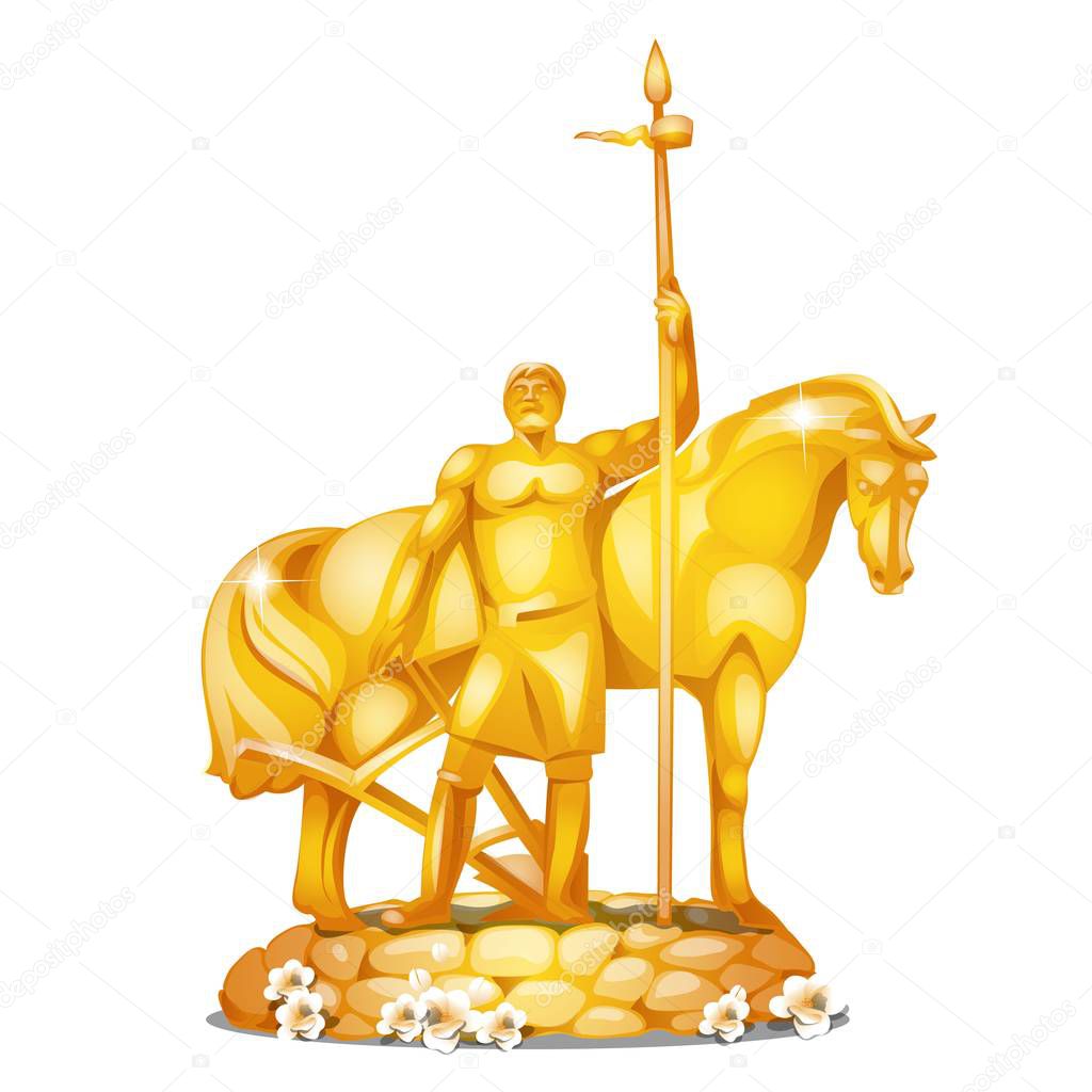 Monument to the first settler in Russian city Penza made of gold isolated on white background. Vector cartoon close-up illustration.