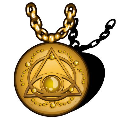 Sihirli göz beyaz arka plan üzerinde izole üçgen içinde görüntü ile altın kolye yuvarlak. Vektör karikatür yakın çekim şekil.