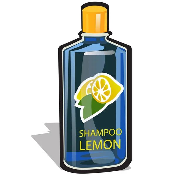 Plastic fles met een dop gevuld met een citroen-geurende shampoo geïsoleerd op een witte achtergrond. Vectorillustratie cartoon close-up. — Stockvector