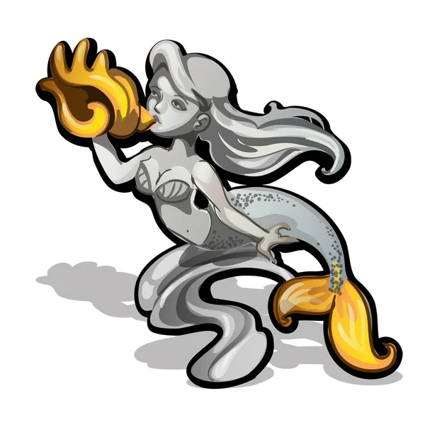 Márvány szobor arany flipper és elszigetelt fehér background kagyló a hableány. Vektor rajzfilm közeli illusztrációs. — Stock Vector