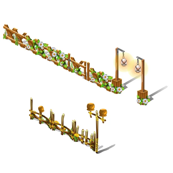 Conjunto de fragmentos de una valla de madera decorada con flores frescas aisladas sobre fondo blanco. ilustración de primer plano de dibujos animados vectoriales . — Archivo Imágenes Vectoriales