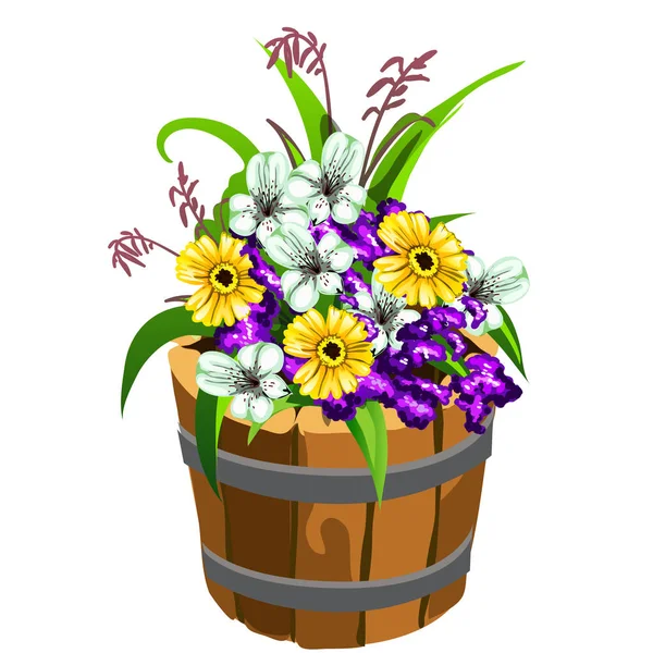Vaso de flores na forma de um balde de madeira velha com flores coloridas isoladas no fundo branco. Desenhos animados vetoriais ilustração close-up . — Vetor de Stock
