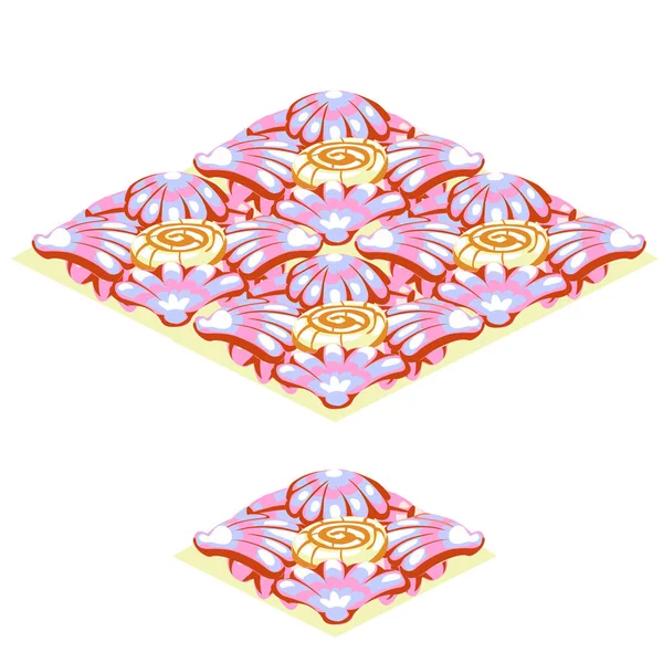 Set de baldosas con textura de conchas tropicales rosadas sobre la arena aisladas sobre fondo blanco. ilustración de primer plano de dibujos animados vectoriales . — Vector de stock
