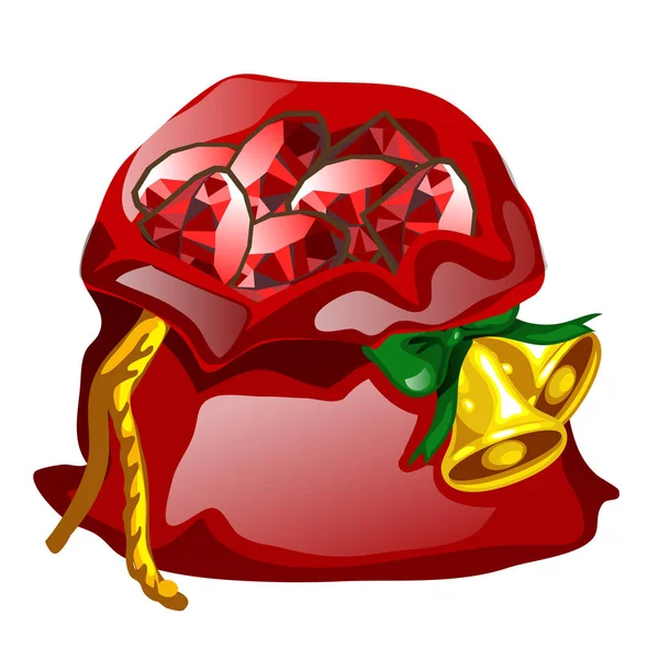 Sac en velours rouge attaché à une corde avec des cloches de Noël dorées remplies de pierres précieuses rubis isolés sur fond blanc. Illustration en gros plan de dessin animé vectoriel . — Image vectorielle