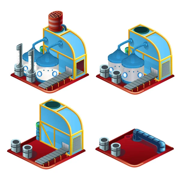 Estágios de construção da fábrica de processamento isolado em fundo branco. Desenhos animados vetoriais ilustração close-up . — Vetor de Stock