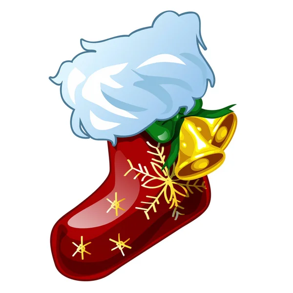 Boceto navideño con decoración de bota estampada con campanas doradas. Muestra de cartel de Navidad, invitación y otras tarjetas. Ilustración vectorial . — Vector de stock
