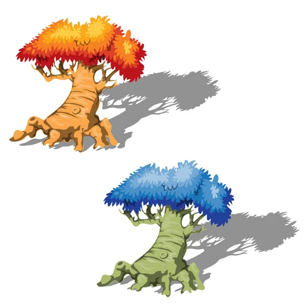 Die alten Fantasiebäume mit blauen und orangefarbenen Baumkronen isoliert auf weißem Hintergrund. Vektor-Karikatur in Nahaufnahme. — Stockvektor
